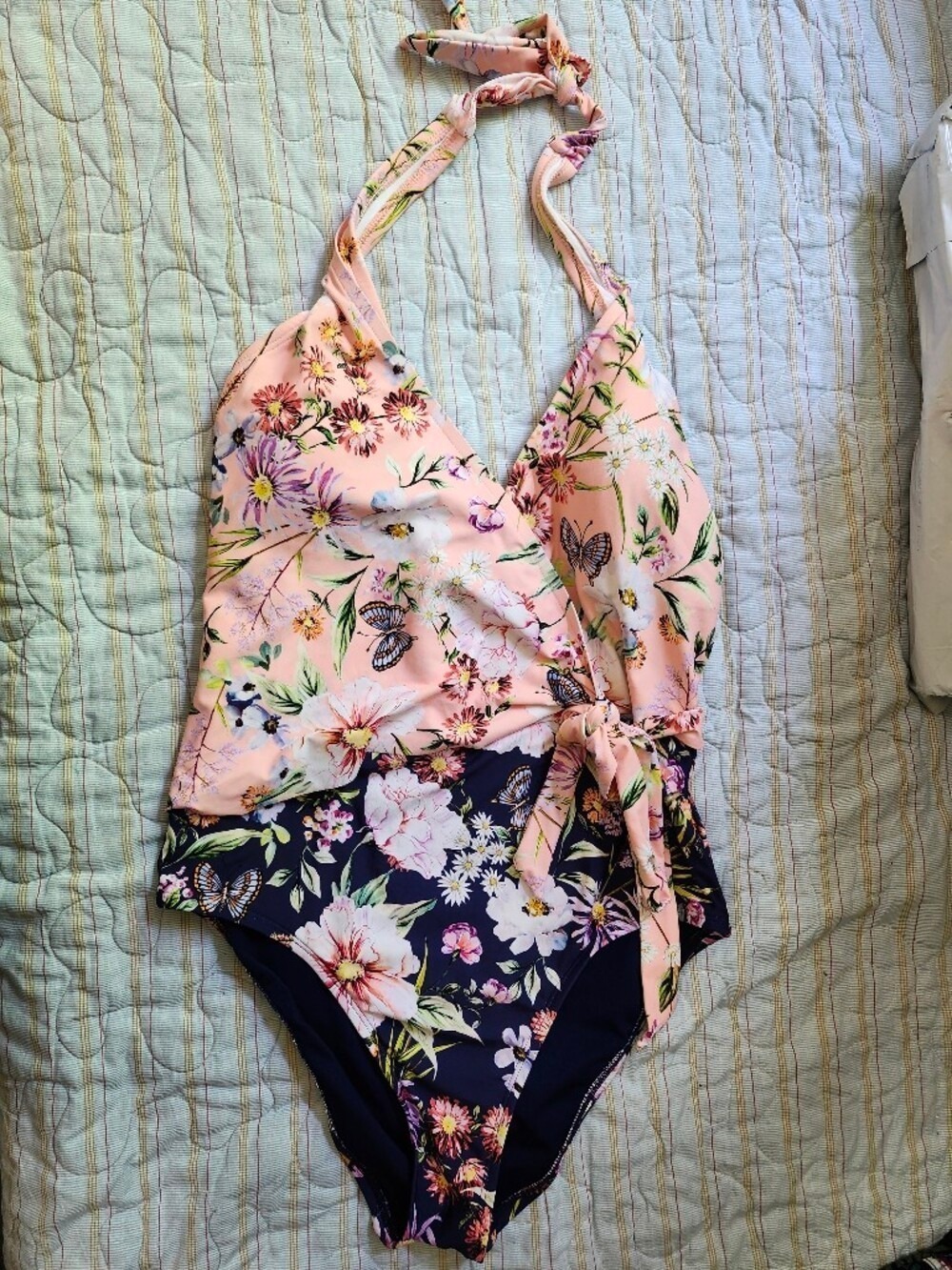 Floral Halter One-Piece Bodysuit in Pink and Navy